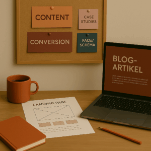 Content & Conversion: Laptop mit Blog-Artikel, Landingpage-Layout und Pinnwand mit Case Studies