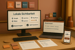 Lokale Sichtbarkeit: Bildschirm mit Google Maps, Apple Maps, Bing Places, NAP-Konsistenz und Bewertungen