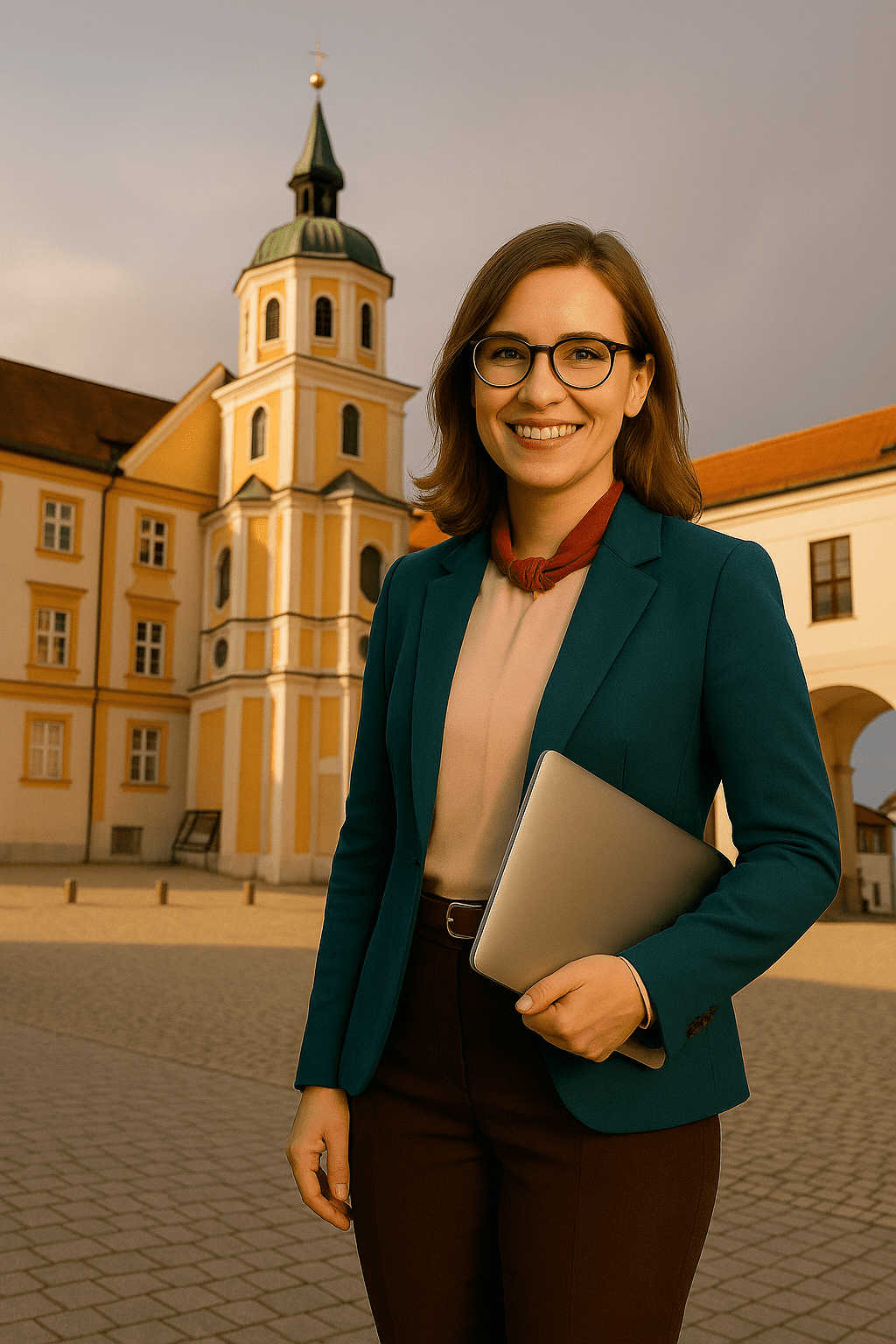 Rebecca Müller, die Frontend Programmiererin steht vor dem Freisinger Dom mit einem Laptop in der Hand