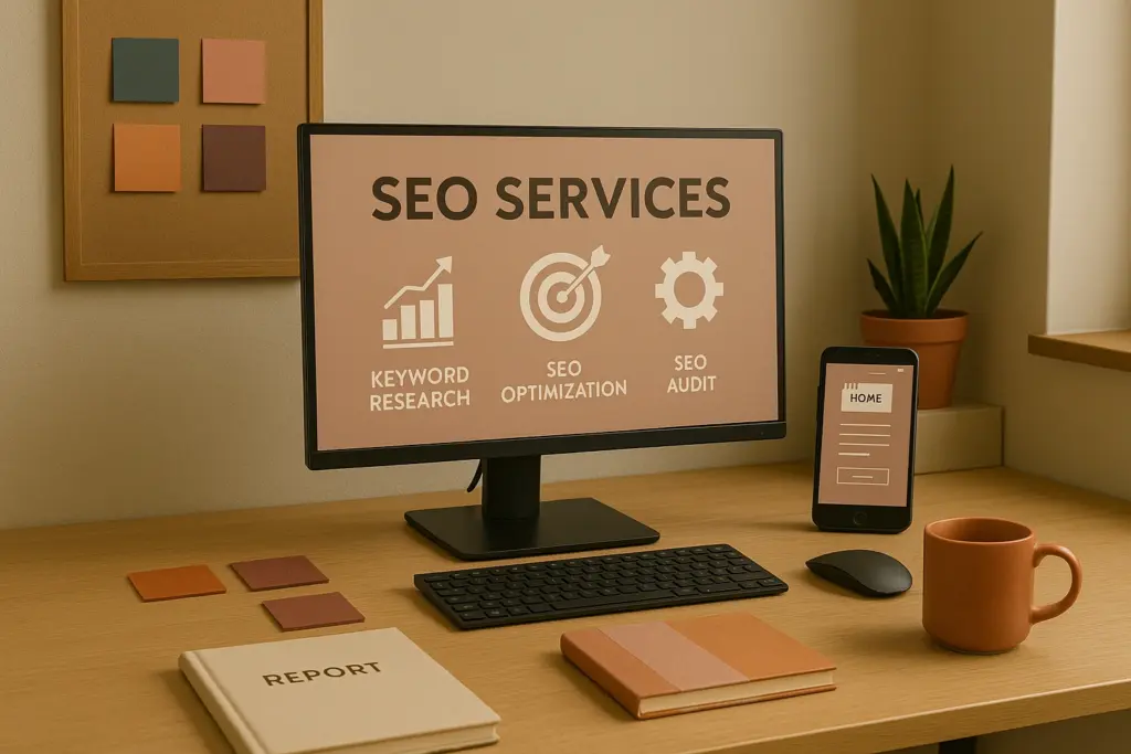 Webdesigner Agentur Freising SEO-Setup: Monitor mit Keyword-Recherche, Onpage-Optimierung und Audit-Icons – SEO Agentur Freising