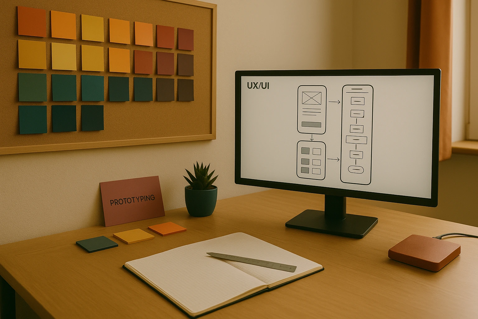 Webdesigner Agentur Freising UX/UI-Workspace mit Wireframes und Flow: Usability-Test, Prototyping und Designs in Trendfarben 2025