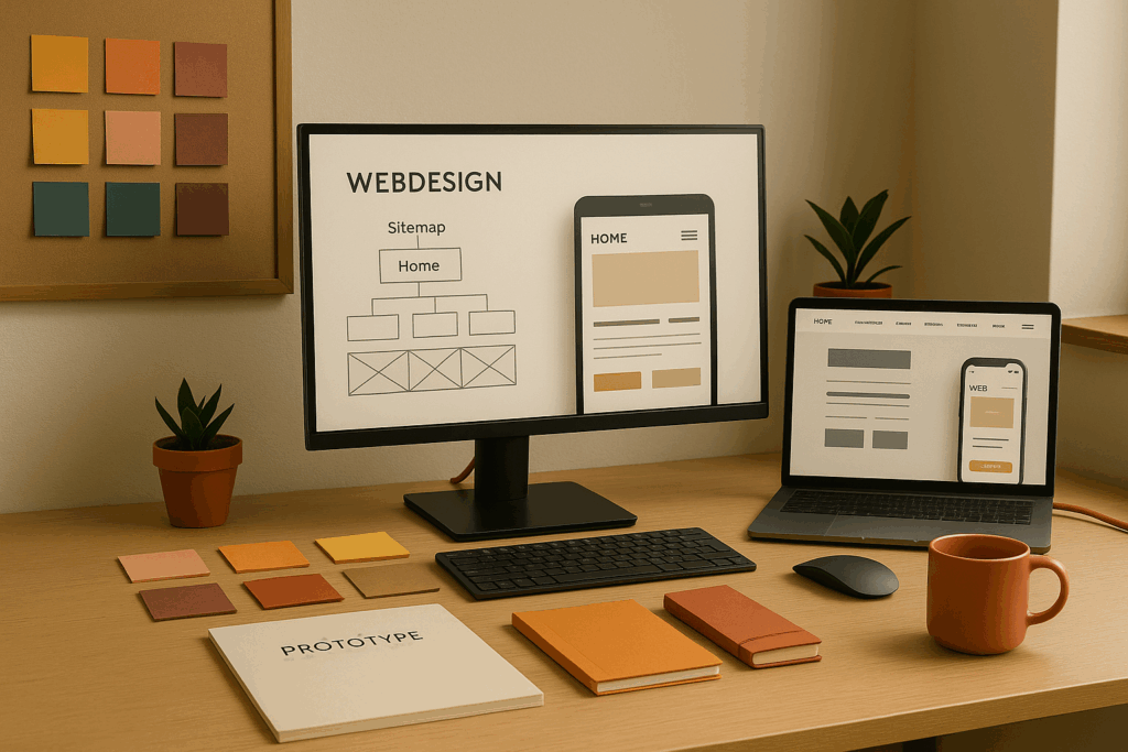 Webdesign Freising: Schreibtisch mit Monitor zeigt Sitemap, Wireframes und responsive Website – Onepager, Landingpage, Onlineshop