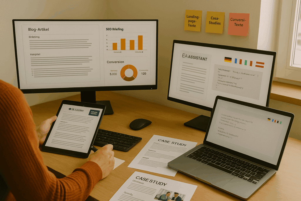 Content & Conversion Angebote, der Werbe und Webdesigner Agentur in Freising. Beliebt: Texte für Website, Blog-Artikel, Landingpage-Texte, Case Studies Nische: SEO-Briefings, KI-gestützte Content-Produktion mit Redaktions-Review, Conversion-Texte, FAQs/Schema-Auszeichnung, mehrsprachige Content-Lokalisierung