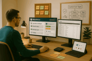 Illustration zur CMS-Rundumbetreuung für WordPress, TYPO3 und WooCommerce