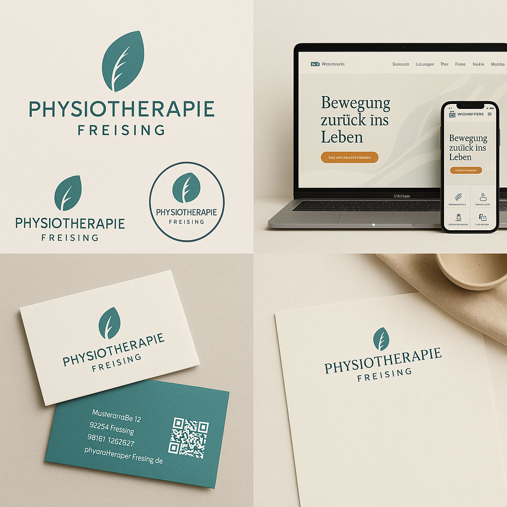 Das Bild zeigt Referenzen der Webdesigner Freising wie Logogestaltung Visitenkarten Webdesign mit SEO und Briefpapier Mockups für den Kunden Physiotherapie Freising