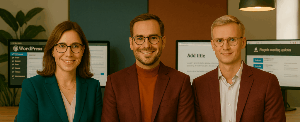 Webdesigner Freising Team im Büro vor WordPress Monitoren, professionelle Agentur für Webdesign, UX/UI und SEO in Freising