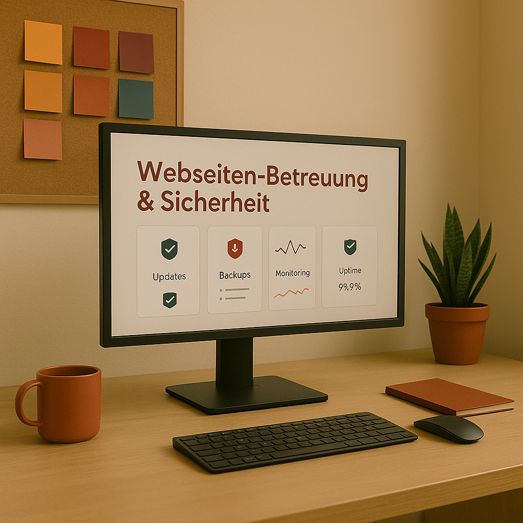 Webseiten-Betreuung & Sicherheit: Updates, Backups, Monitoring und Uptime 99,9 % auf einem Monitor