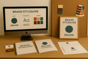 Branding-Workspace mit Logo, Corporate Design, Flyer und Visitenkarten in harmonischer Farbwelt